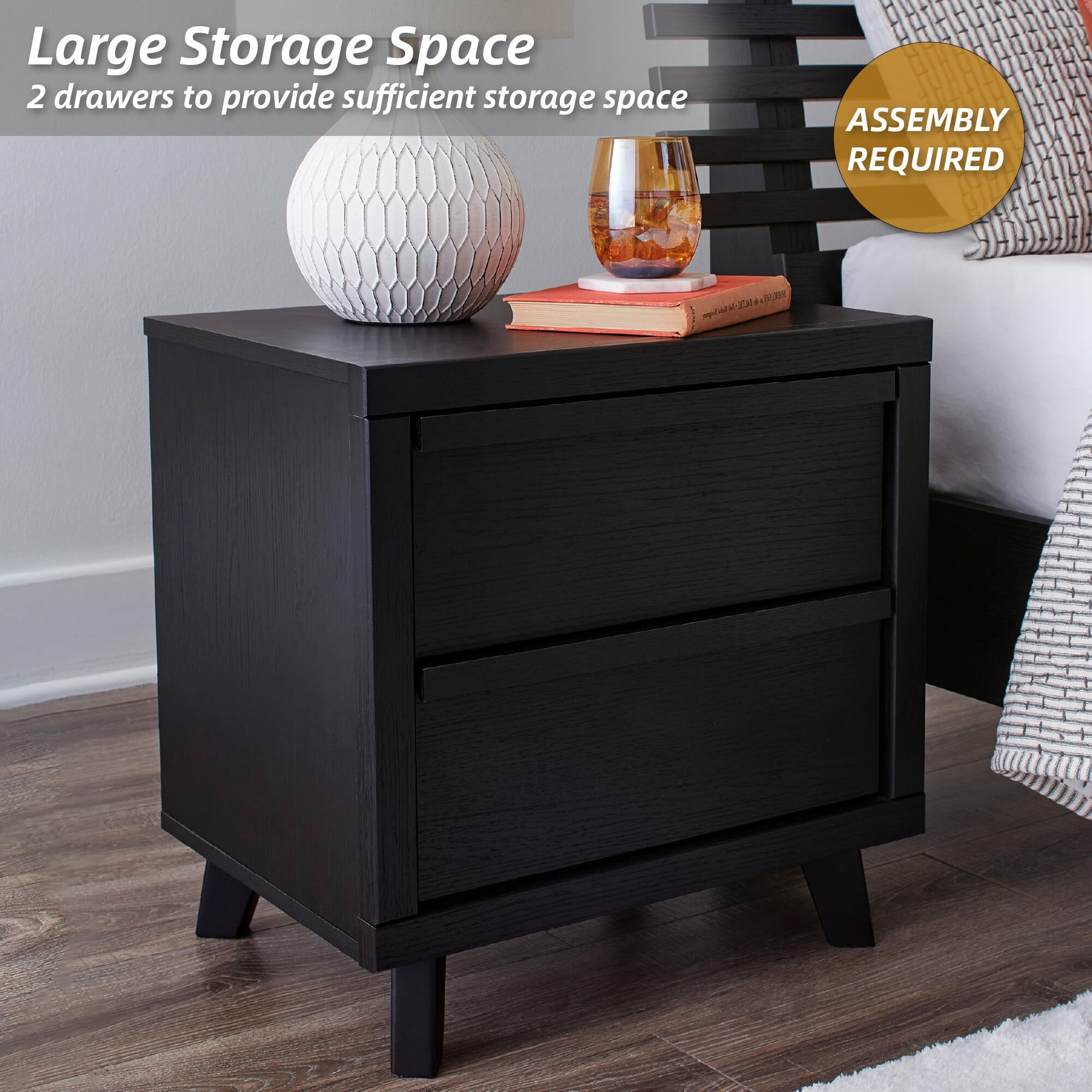 Signature Design by Ashley Danziar Modern Black Nightstand with USB and Wireless Charging, 2 Drawer Bedside Table