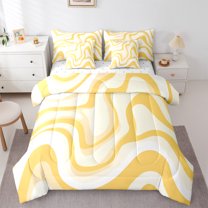 jejeloiu Geometric Wave Striped 7pcs Bedding Comforter Set,Abstract Lines Queen Bedding Sets,Yellow Stripes Queen Sheet Sets For Children,Breathable Home Decor Reversible