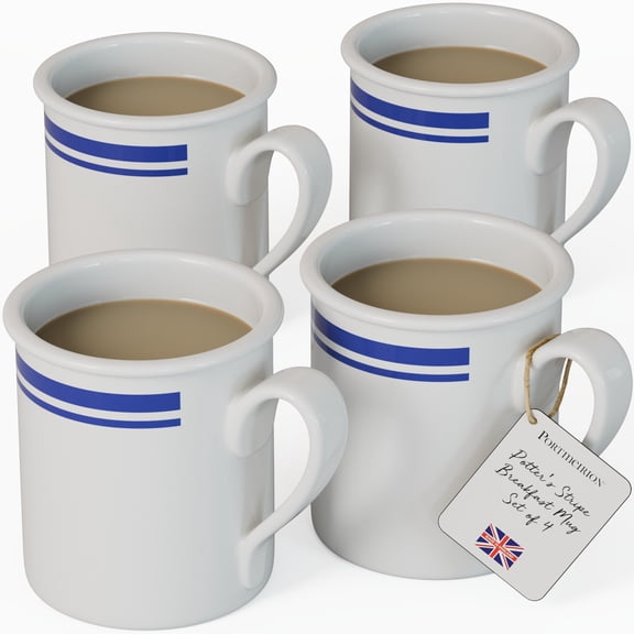 Portmeirion Potter's 9oz Stripe Breakfast Mug (Set of 4)  - Elegant Earthenware Tea Mugs with Handle, Microwave, Dishwasher & Freezer Safe - Classic Stripe Design, Ideal Gift for Coffee Lovers (Blue)