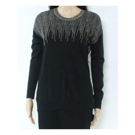 ALFANI Womens Black Glitter Long Sleeve Crew Neck Sweater Petites PM