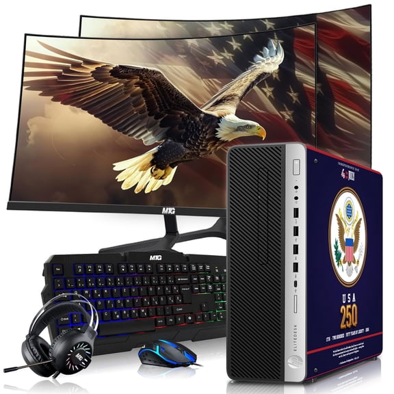 Restored HP EliteDesk Liberty 250 Edition Gaming Desktop Computer PC,Intel i5,16GB RAM,256GB SSD OS+2x500GB HDD,Dual 32" Curve Monitor,GT 1030 Graphics,RGB Keyboard/Mouse/Headphones,Webcam,Win 11 Pro