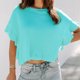 thumbnail image 2 of Top de punto con manga con volantes para mujer, cuello redondo, manga corta, jersey de color puro para verano, azul lago M, 2 of 6