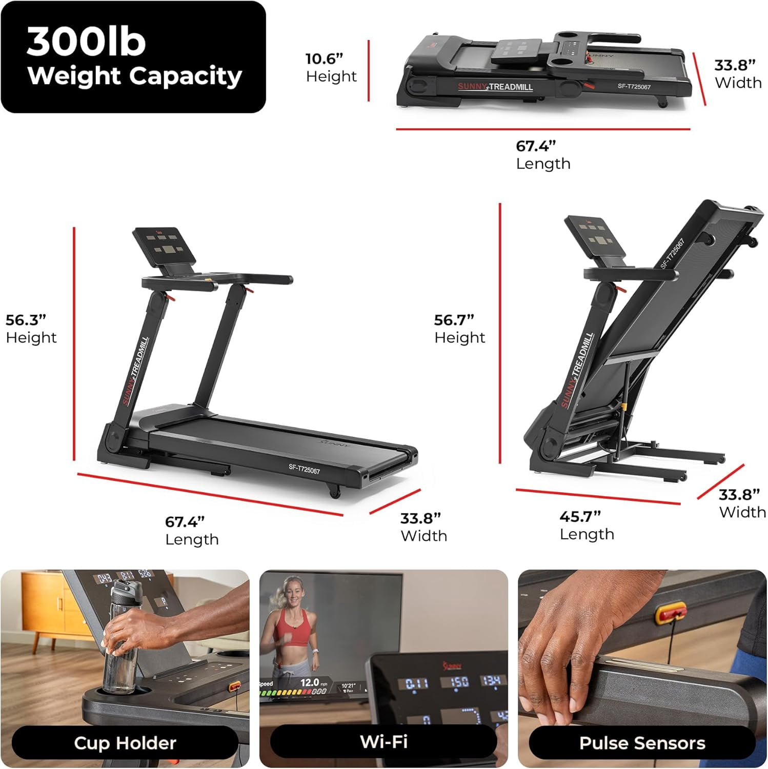 Sunny Health & Fitness Platinum Smart Fold Treadmill, No Assembly, SunnyFit App with Trainer-Led Workouts, Built-In Wi-Fi, Auto Incline, Brushless Motor, 300 LB Capacity