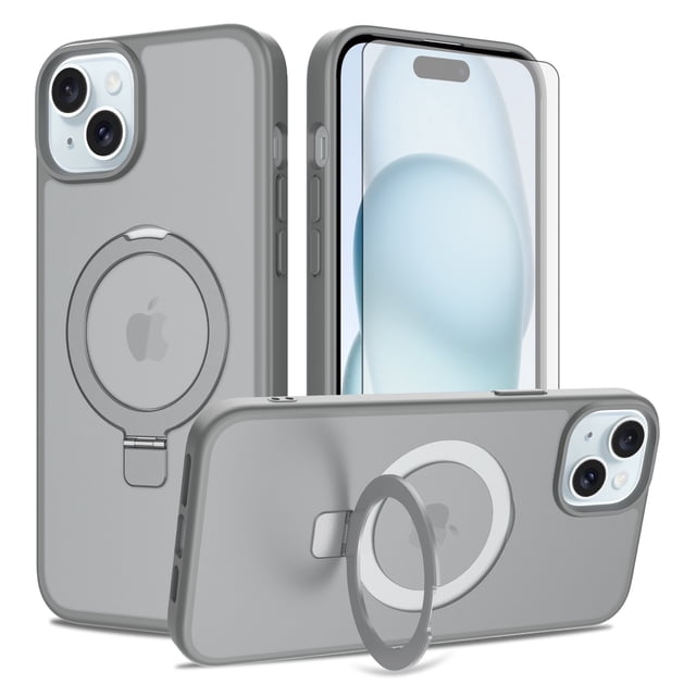 Asuwish Phone Case for iPhone 14 Plus/15 Plus 6.7 inch Tempered Glass Screen Protector Magnetic Folding Stand Frosted Translucent Rugged Shockproof Protective Cell Cover i-Phone 14+ iPhone15+ Grey