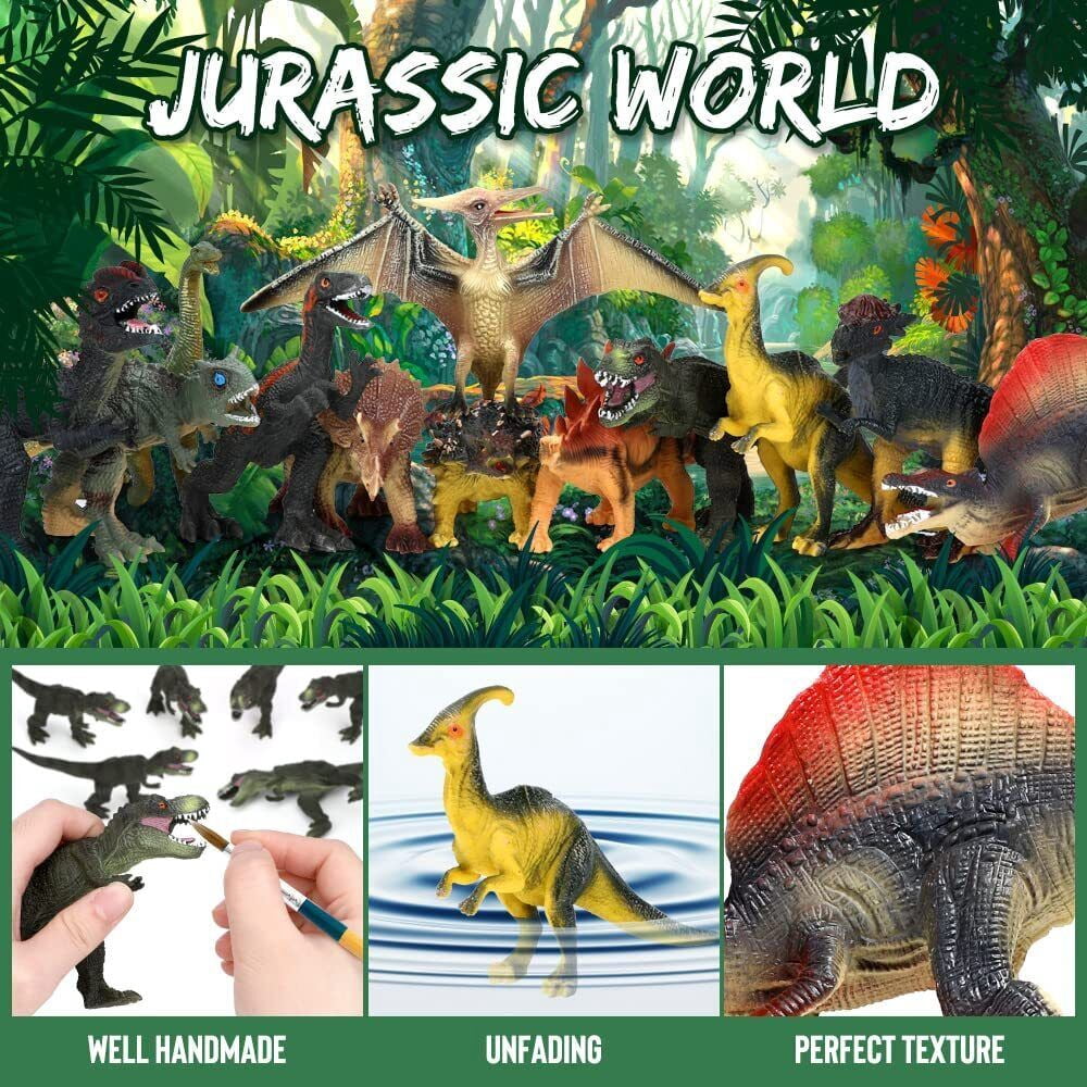 VKZON 12pcs Jumbo Realistic Dinosaur Toy PVC Model Action Figure Set With Dino Book ,Educational Learning Toy Collector Figure Gift For Kids