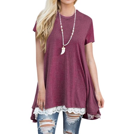 Short Sleeve Round Neck Asymmetric Hem Blouse Short Sleeve Round Neck Asymmetric Hem Blouse