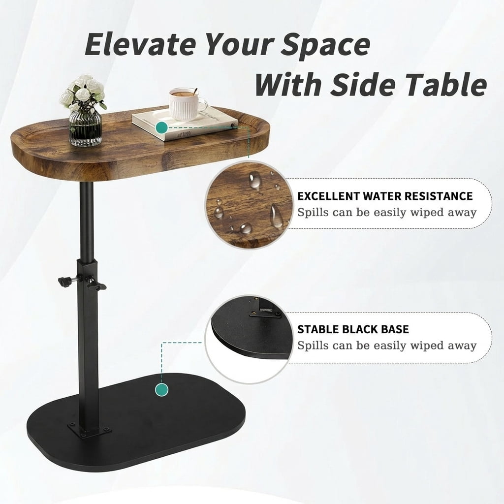 Liyufly C-Shaped End Table, 360° Rotating Adjustable Height Couch Side Tables for Sofa / Bed / Bathtub, Brown-Concave