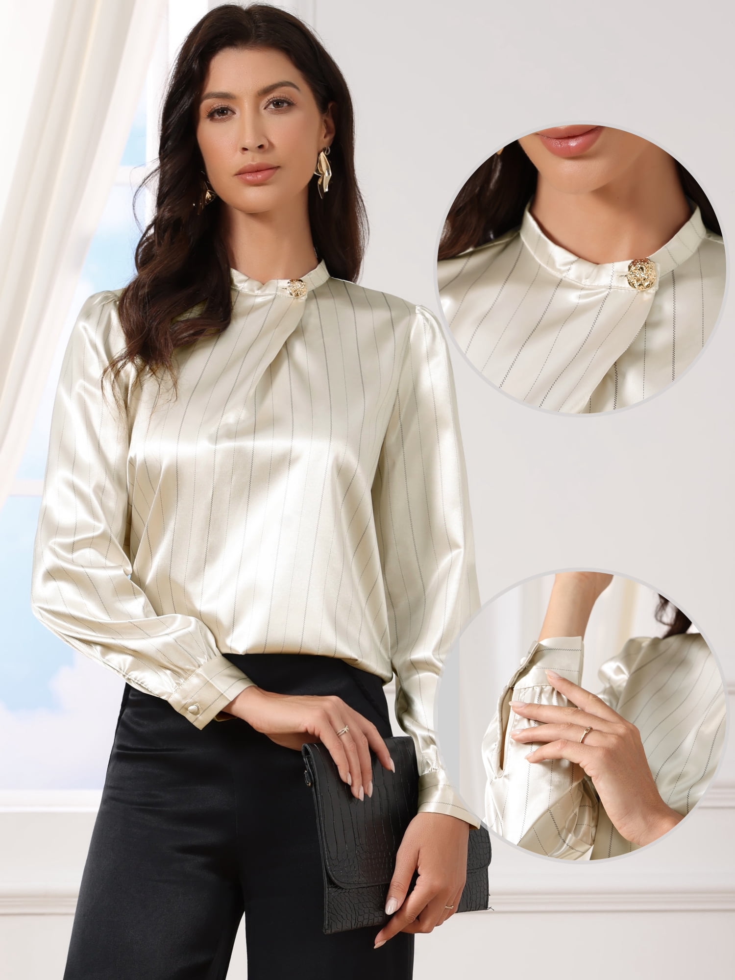 DARING DIVA Women's Satin Blouse Long Sleeve Mock Neck Business Work Shirts XS Apricot
