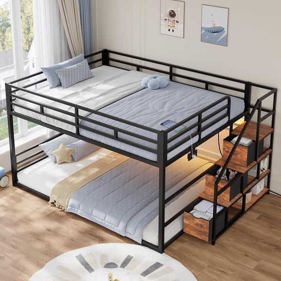 Afuhokles Low Bunk Bed Full Over Full with Storage Staircase, Drawers and Shelves, LED Lights Metal Floor Bunk with Power Outlet, Brown