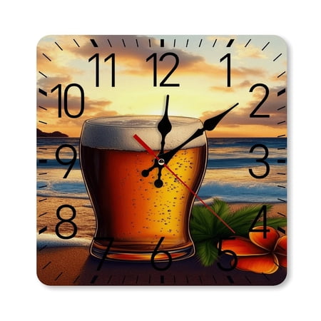 RKSupls 10×10inch Square Silent Wall Clock Wooden Frame, Beer Glass Beach Sunset Scale Decorative Clock for Home Bedroom Living Room Office