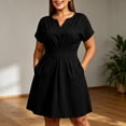 thumbnail image 3 of Summer Dress for Women 100% Cotton Notch V Neck Short Sleeve Pleated A Line Knee-Length Dress with Pockets, 3 of 7