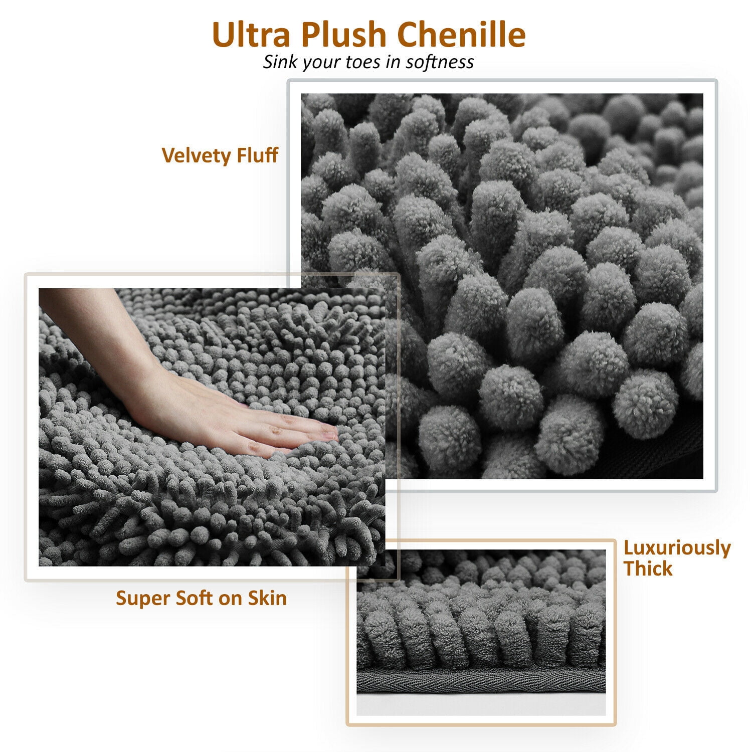 3 Pieces Bathroom Rugs Set Ultra Soft Non Slip and Absorbent Chenille Bath Rug, Gray Plush Bath Mats for Tub, Shower, Bathroom