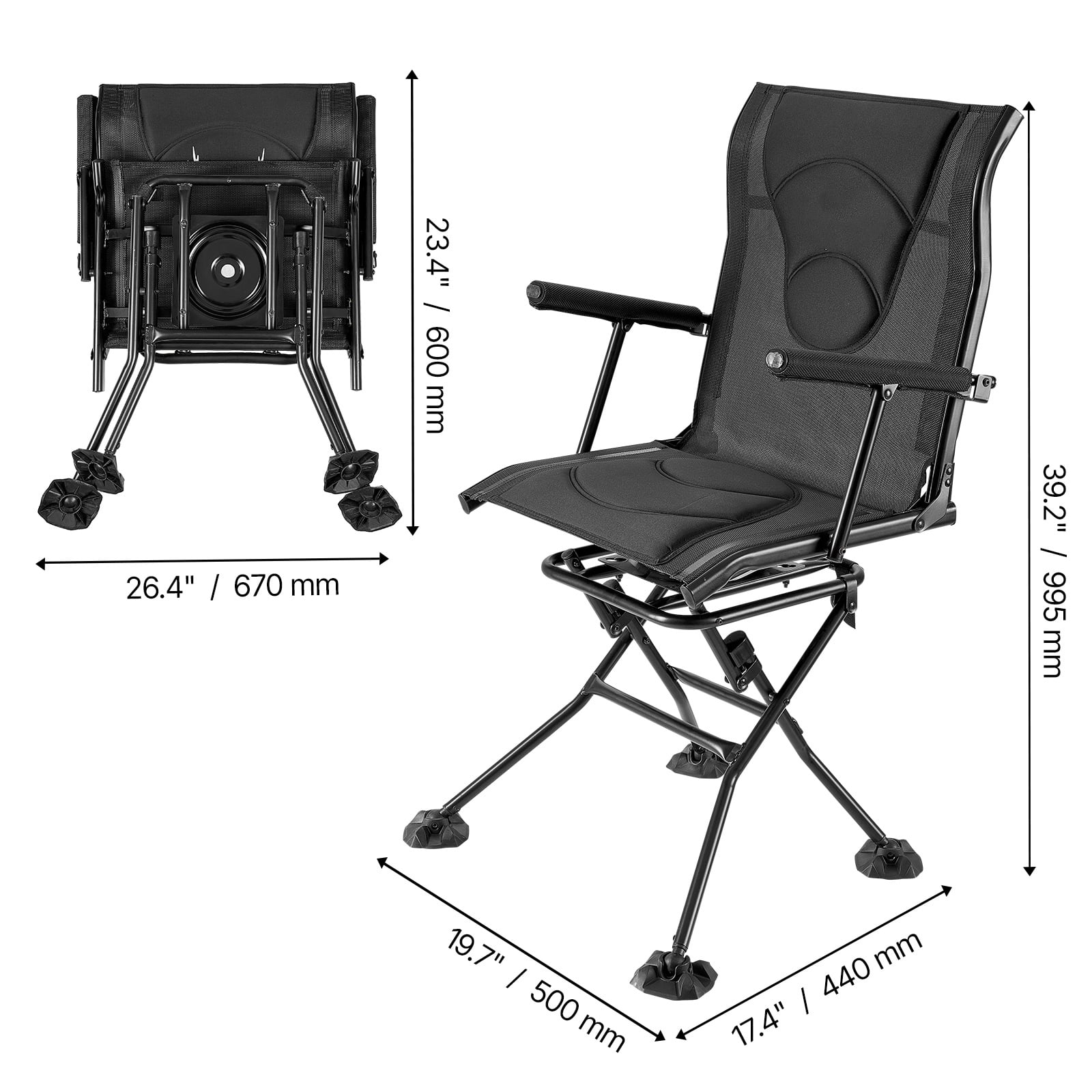KFFKFF Hunting Chair with 360° Quiet Swivel, Foldable and Portable Blind Seat, Durable Steel Frame Ground Stool with Armrests, Adjustable Carry Strap, Anti-Sink Feet, 300 Lbs Weight Capacity