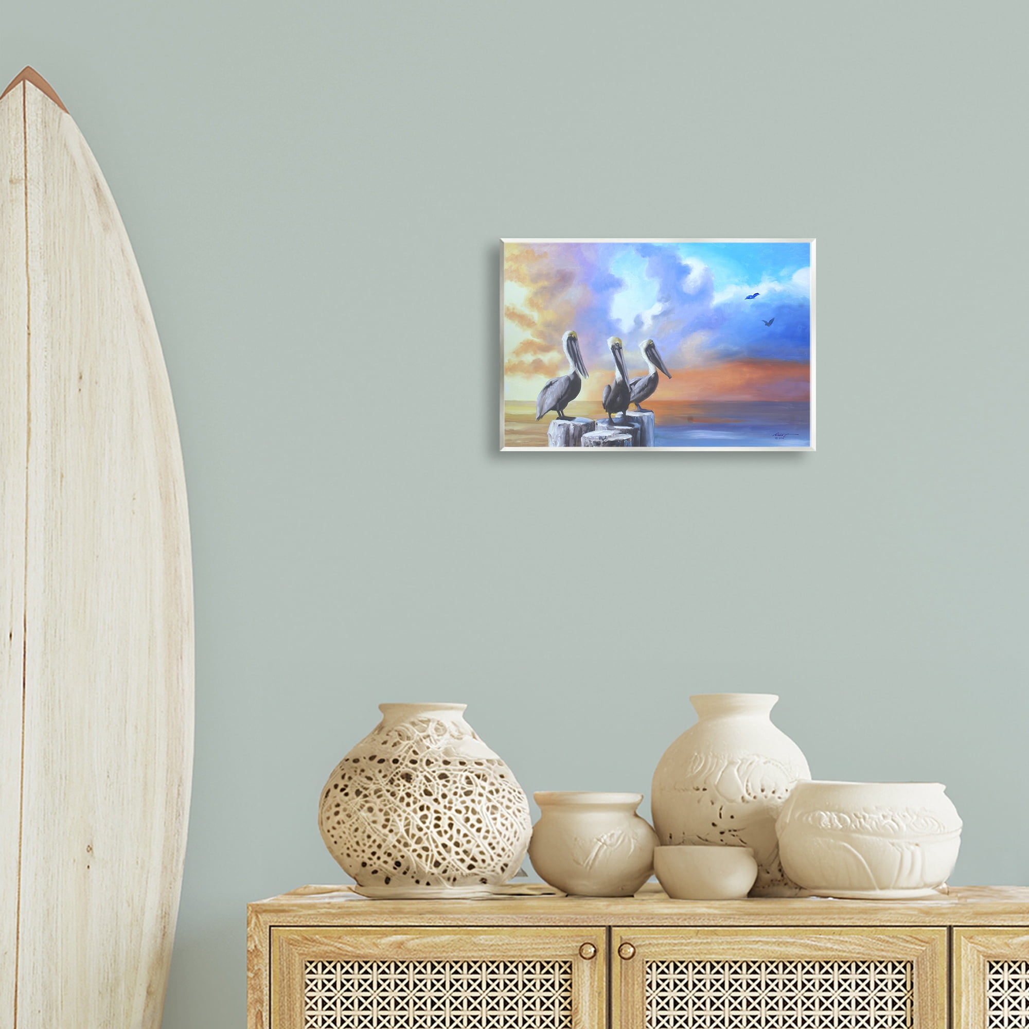 Stupell Industries Vivid Pelican Trio Landscape Painting Unframed Art Print Wall Art, 15 x 10