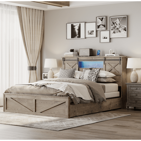 Farmhouse Bed Frame Queen Size with LED Lights and Charging Station, Wooden Queen Bed with 2 Storage Drawers, Rustic Headboard with Sliding Barn Door Storage Cabinets