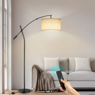 OUTON Modern Arc Floor Lamp with Remote, Adjustable Boom Arm Dimmable LED Standing Lamp, with Hanging Drum Shade Tall Reading Light for Living Room (Black Beige shade)