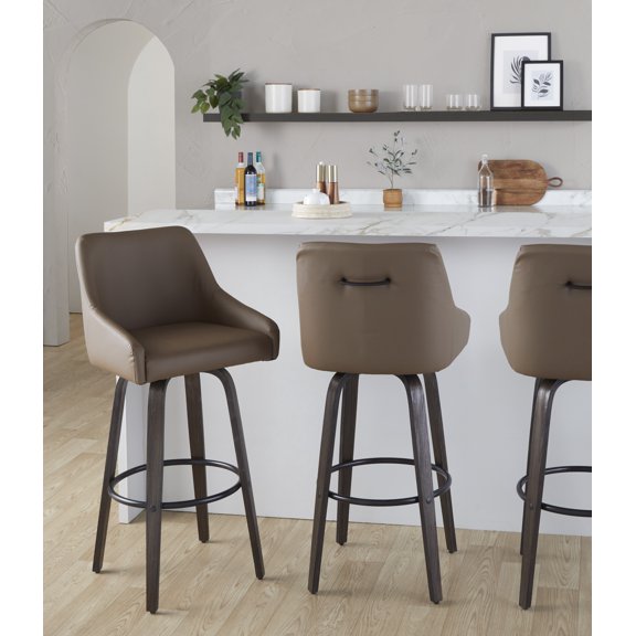 Hannah 30" Transitional Fixed-Height Barstool with Swivel in Walnut Glazed Wood and Brown Faux Leather with Round Black Metal Footrest by LumiSource - Set of 2