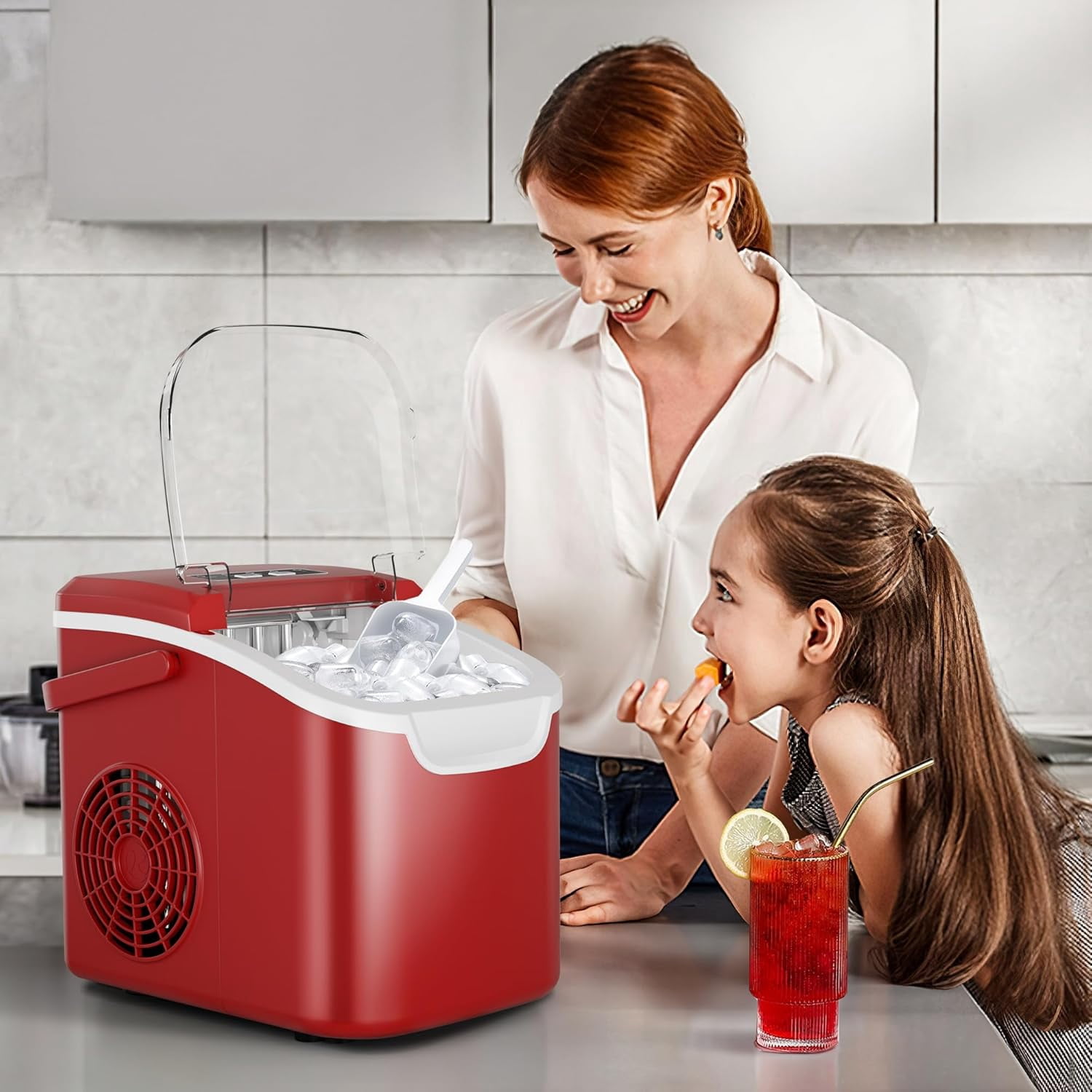 Moifoi Ice Maker Countertop , Portable Ice Machine 26.5lbs/24H, Ready in 6 Mins/9 Pcs  with Self-Cleaning,Red