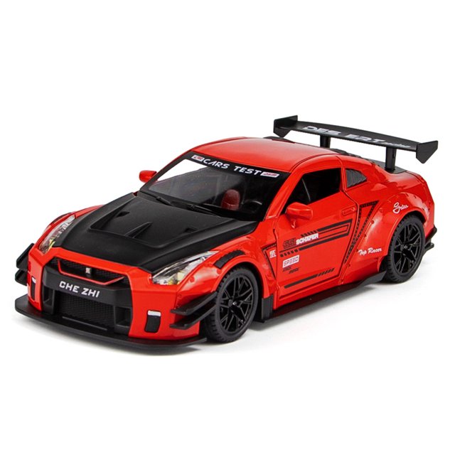 1:24 Scale Nissan GTR Diecast Model Car with Pull-Back Rear Wheel, Sound & Light Effects (Activated by Front Wheel Press), Opening Hood/Doors/Trunk with Spoiler, Illuminating Headlights & Taillights