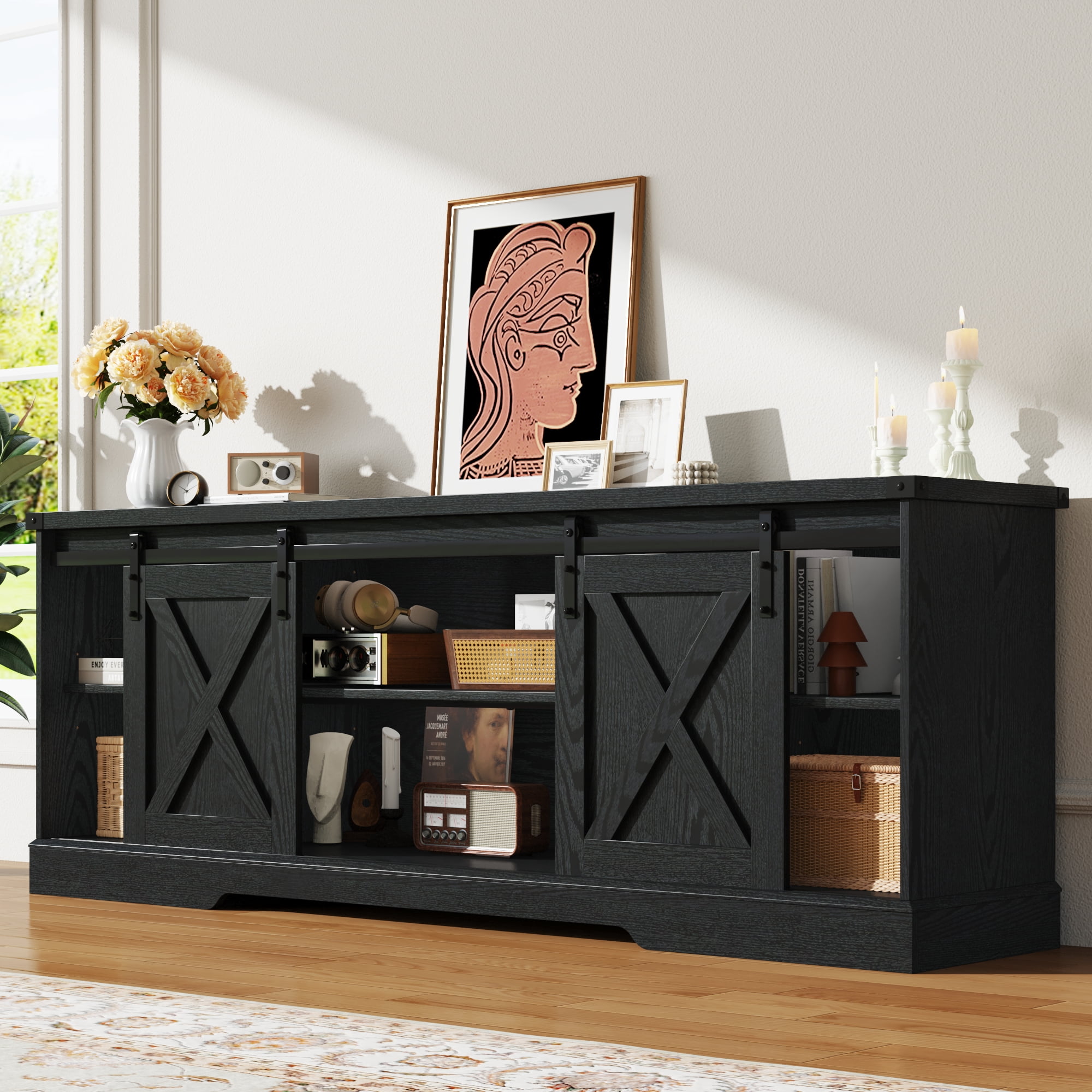 70" Farmhouse TV Stand for 75 Inch TVs with Sliding Barn Door, Rustic Wood Entertainment Center Large Media Console Cabinet for Living Room