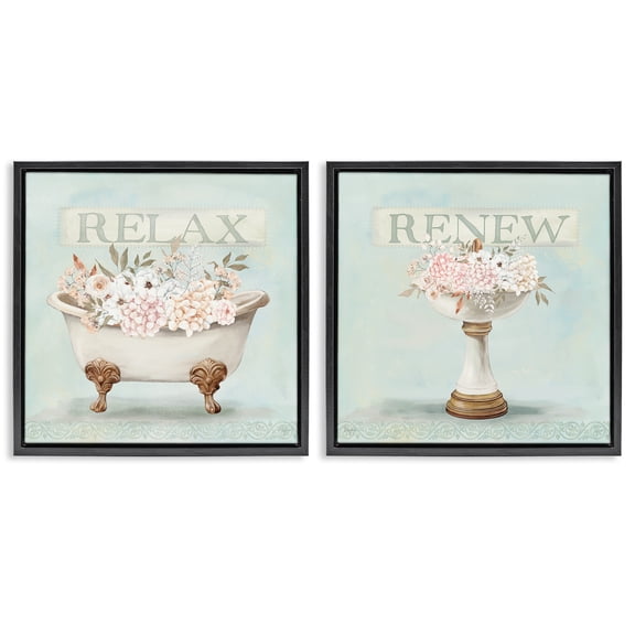 Stupell Industries Antique Florals Relax Renew 2 Piece Black Framed Floater Canvas Set, design by Mollie B.