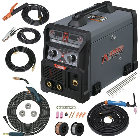 Amico Power MTS-205 205Amp MIG/TIG/Stick Combo Welder, 28 lb, Dual Voltage Welding Machine, Gray