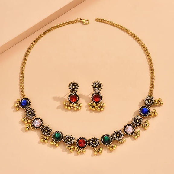 1set Flat Round & Flower Alloy Rhinestone Necklace & Stud Dangle Earring sets Colorful 320mm