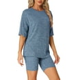 thumbnail image 4 of INSPIRE CHIC Women's Ribbed Knit Soft Tracksuit Short Sleeve Sweatshirt Set Shorts Loungewear Sleepwear L Blue, 4 of 6