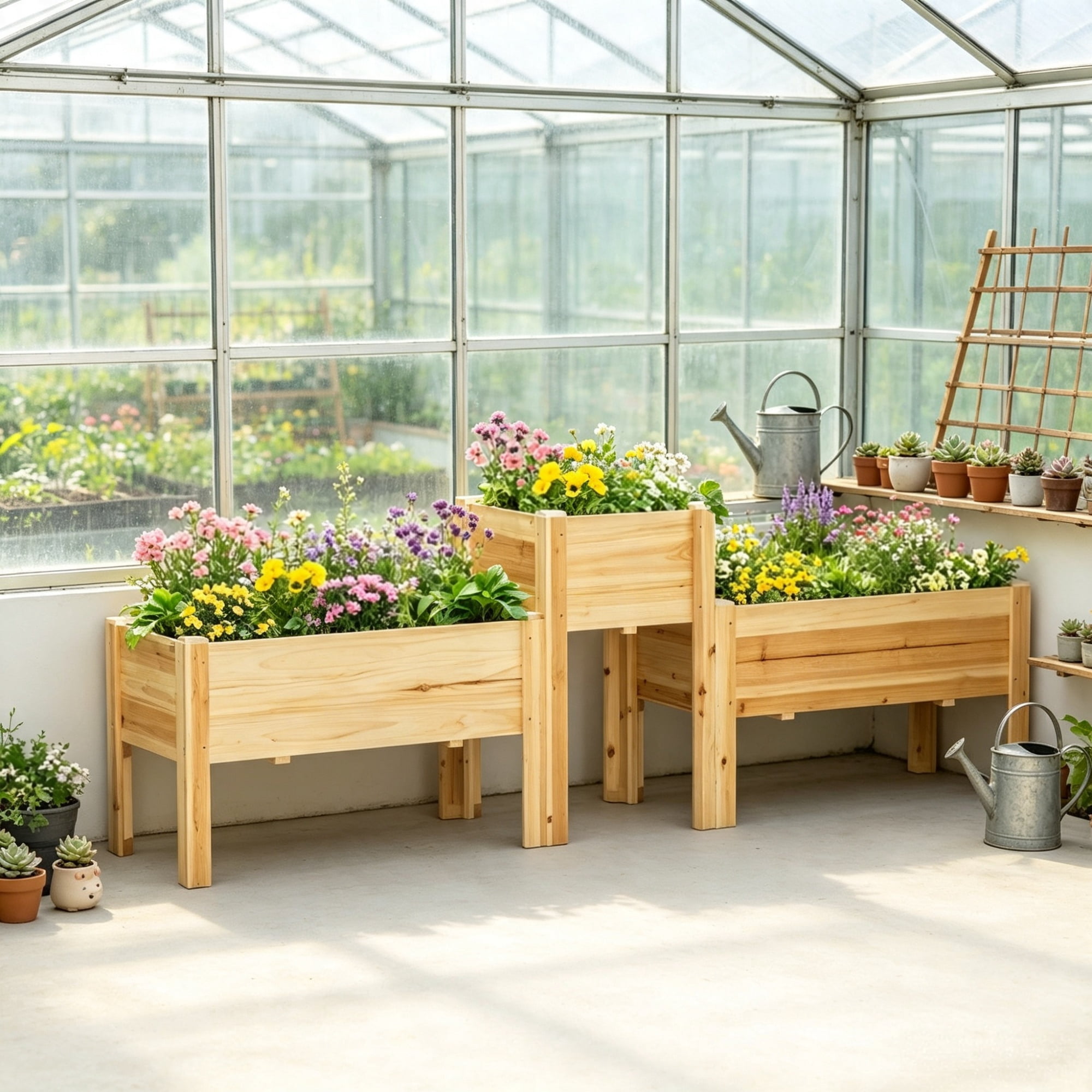 Set of 3 Wooden Elevated Planter Boxes with Legs & Liner for Vegetables, Herbs & Flowers