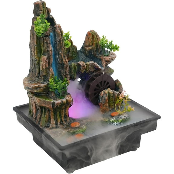 Indoor Waterfall with LED Light and Mist Maker,Square Water Fountains Indoor, Relaxing Landscape Tabletop Fountain Zen Meditation Decoration for Home Office Restaurant
