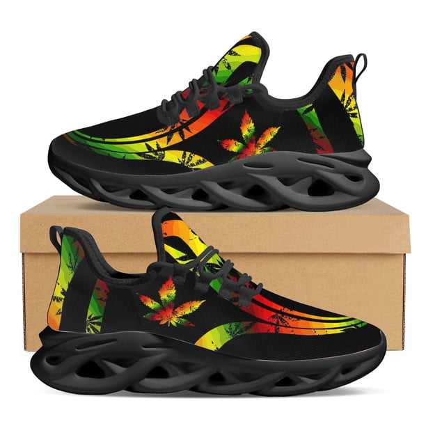 Zapatillas deportivas con estampado 3D de hojas de marihuana verde para mujer, transpirables, con cordones, cómodas, con plataforma, de lujo