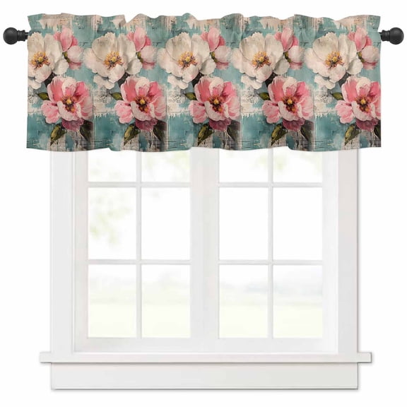 nqOlkjepod Pink White Spring Floral Farmhouse Short Window Curtain Valances, Summer Botanical Vintage Flower Rod Pocket Kitchen Valances for Living Room Bedroom Bathroom Cafe, 1 Panel - 42" x 18"
