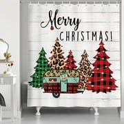 Farmhouse Christmas Shower Curtain, RV in Buffalo Plaid Check Pine Trees On Rustic Wood Bathroom Accessory, Merry Christmas Holiday Bath Curtain Set