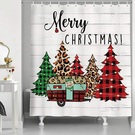 Farmhouse Christmas Shower Curtain, RV in Buffalo Plaid Check Pine Trees On Rustic Wood Bathroom Accessory, Merry Christmas Holiday Bath Curtain Set