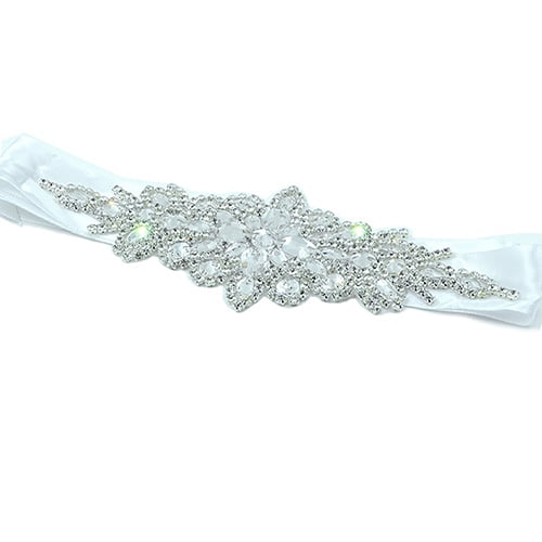 Rhinestone Bridal Sash Waist Belt with White Satin Ribbon for Wedding Dress