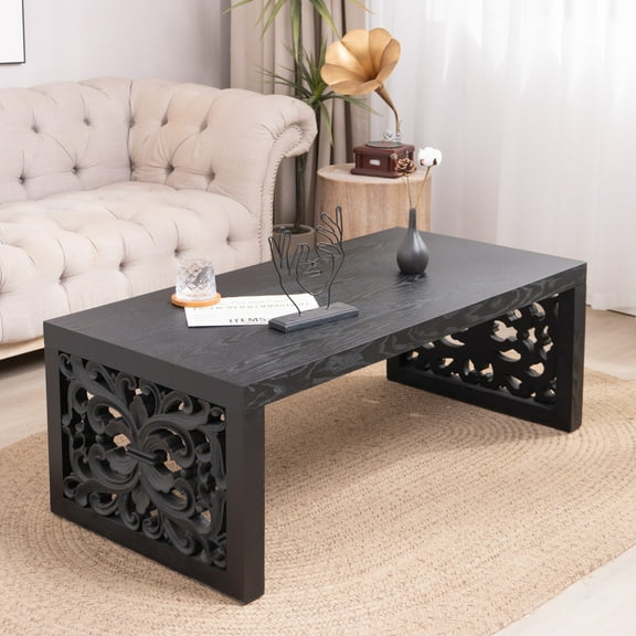 Rustic Carved Wood Coffee Table, 47.2" Handcrafted Coffee Table with Ornate Side Panels, Rectangular Mid Century Modern Accent Center Table for Living Room Apartment Office, Black