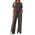 thumbnail image 3 of TaTaai Women's Summer Solid Color Short Sleeve Top Wide Leg Pants Mesh Splicing Casual Sport 2 Piece Outfit Soft Comfortable for Daily Wear Gift, 3 of 8