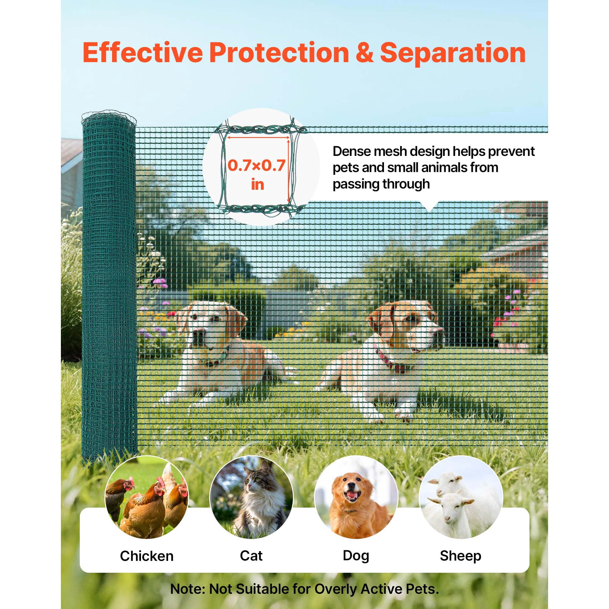 KFFKFF Temporary Fence with Posts, 3 x 49.2 FT Plastic Mesh Fencing, Garden Safety Netting with Double-Spike Stakes & Guy Ropes, Portable Fence for Pets, Poultry, Plants, and Outdoor Spaces