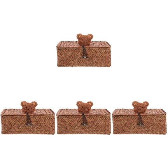 Set of 4 Straw Storage Box Woven Seagrass Basket Decorative Bear Bin Shirt Boxes for Presents