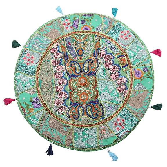 Stylo Culture Ethnic Yoga Pillows For Sitting On Floor Vintage Patchwork Pouf Cover Parrot Green 32x32 Large Decorative Bohemian Round Hassock Pouffe Cover Footstool Cotton Embroidered 1 Pc
