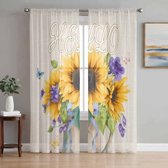 Sunflower Sheer Curtains 108 Inch Length 2 Panels Set Window Treatments, Yellow Flowers Summer Botanical Pastoral Rustic Rod Pocket Semi Curtains for Living Room/Bedroom/Kitchen Décor, 104"W x 108"L