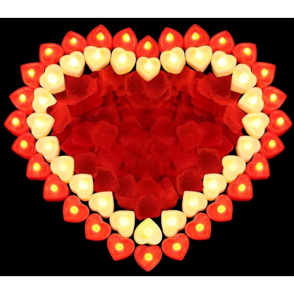 3000 Pieces Artificial Rose Petals with 36Pcs Heart Shaped LED Candles,Rose Petals for Romantic Night,Flameless Love LED Tea Lights Candles for Romantic Night Valentine's Day Table Decor