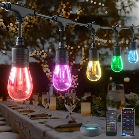 

genlar Smart Christmas String Lights APP Control Patio Lights LED RGBCW Color Changing Lights Dimmable Waterproof Shatterproof Commercial Hanging Lights for Outdoor Cafe Garden (48ft/15bulbs)