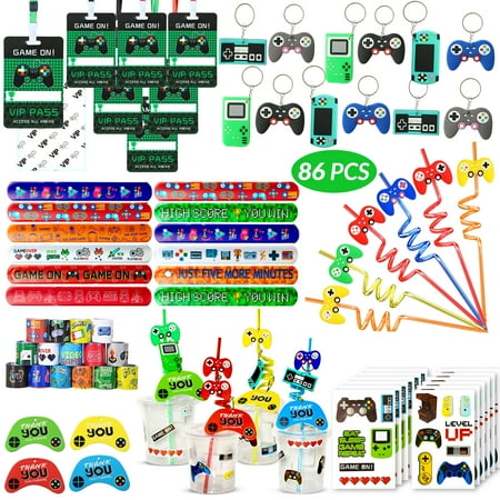 Empire Video Game Party Supply 84 Favors for Gamer Kids - 12 Set Game On VIP Pass Keychain Wristband Cup Straw Stickers for Boys Level Up Birthday