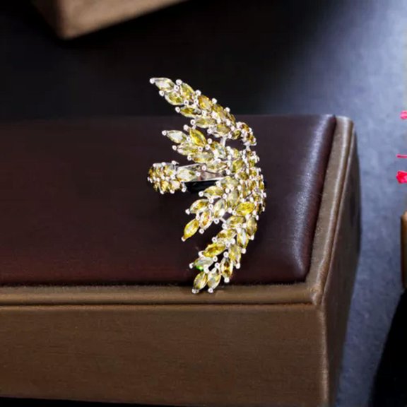 Silver Plated Red Leaf Cubic Zirconia Amerian Crystal Ring for Brides Jewellery