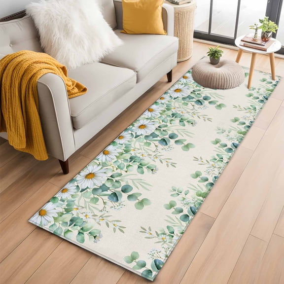 Green Eucalyptus Leaves 2'x6' Runner Rugs for Hallway Kitchen Bedside Non Slip, Spring Daily Flowers Botanical Linen Entryway Rug Runners with Rubber Backing, Long Carpet Runner for Laundry Room