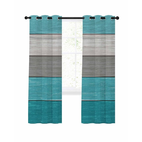 Turquoise Wood Grain Blackout Curtains, Light Blocking Print Window Curtains, Country Retro Wooden Plank Gray Thermal Insulated Window Drapes for Living Room Kitchen Cafe 2 Panels, 84"W x 84"L