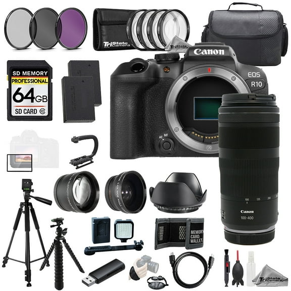 Canon EOS R10 Camera   RF 100-400mm f/5.6-8 IS USM Lens 64GB Ext Bat 9 PC Filter-MEGA Kit (International Version)