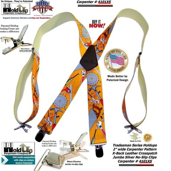 Holdup Tradesman Series Work Suspenders in Carpenter Pattern with Patented Jumbo No-slip Clips