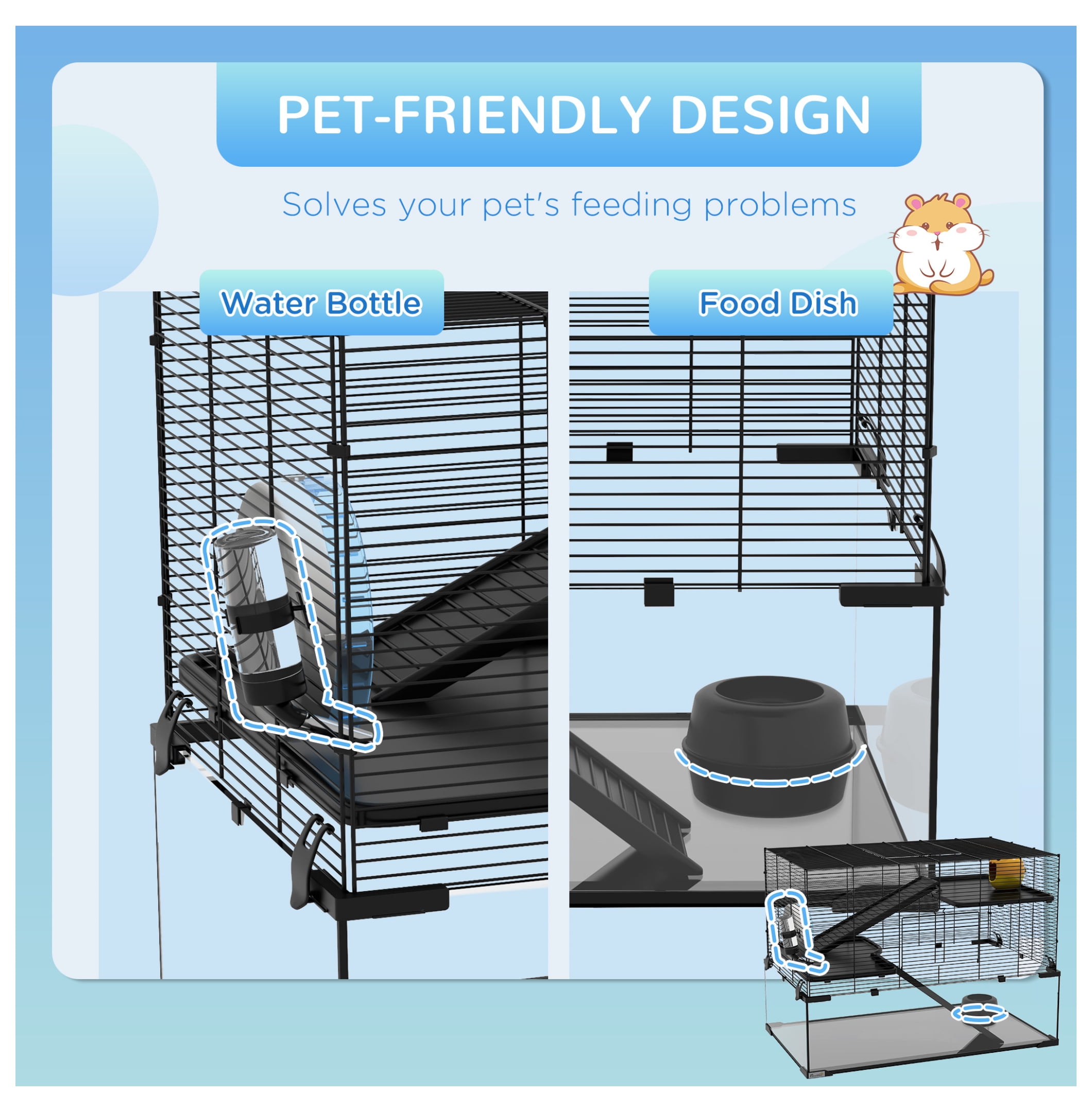 PawHut Hamster Cage, 31" Gerbil Cage with Glass Basin, Ramps, Platforms, Hut, Exercise Wheel, for Small Hamsters, Black